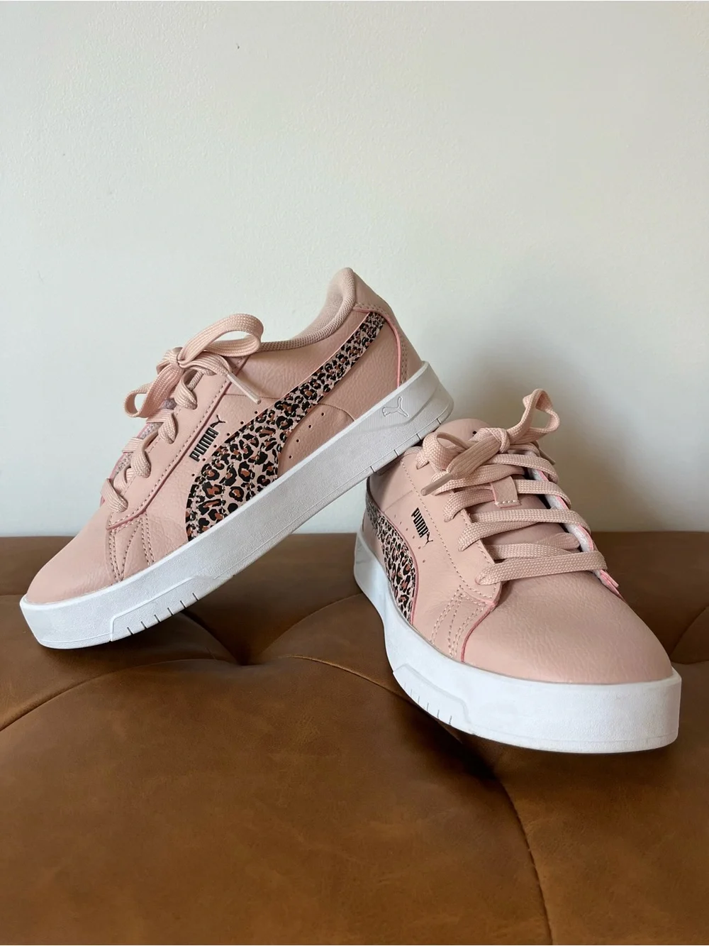 Puma Girls Blush Pink Sneakers with Leopard-Print Stripe